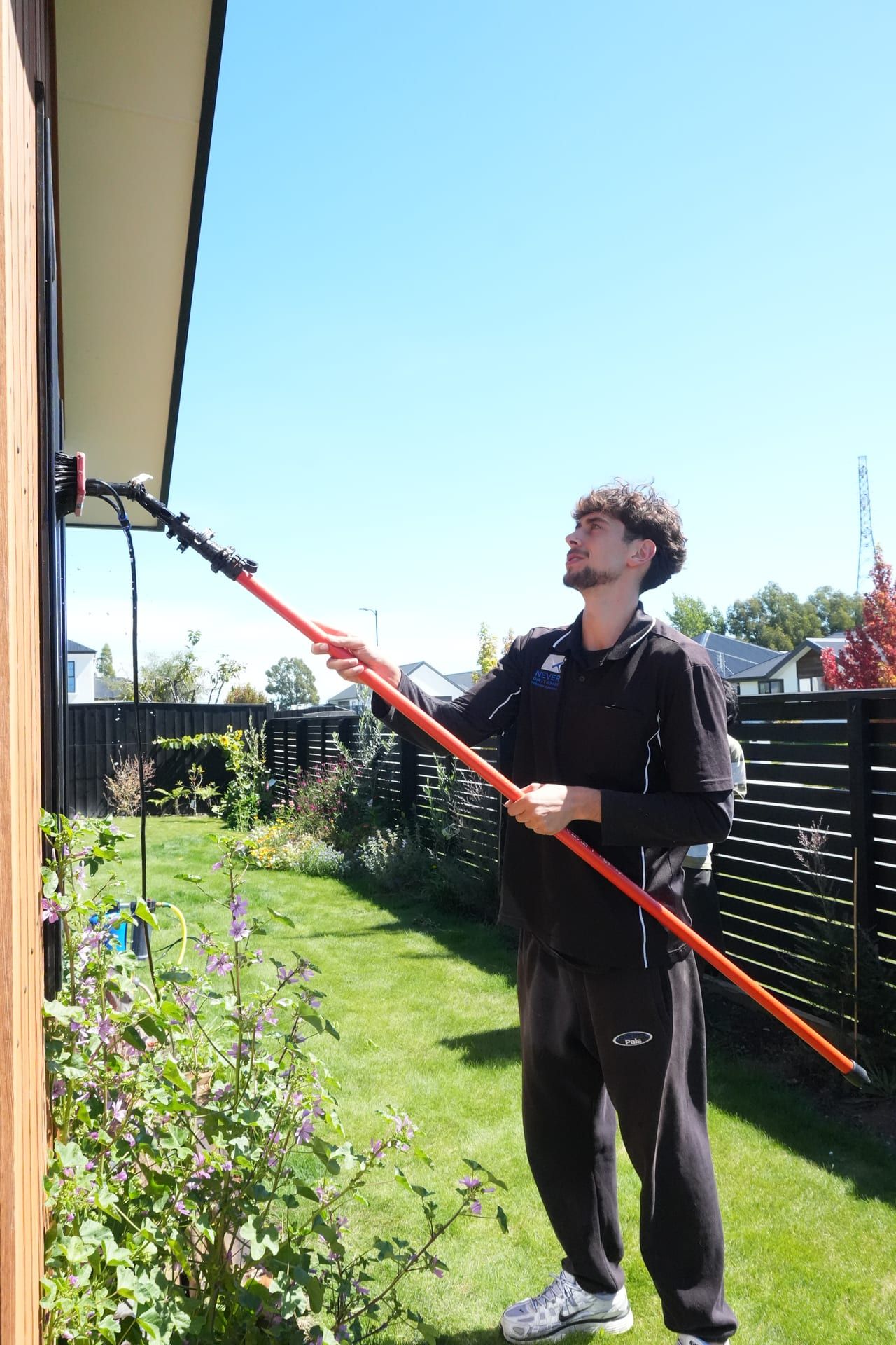 Water-fed pole reaching high glass on a Christchurch property